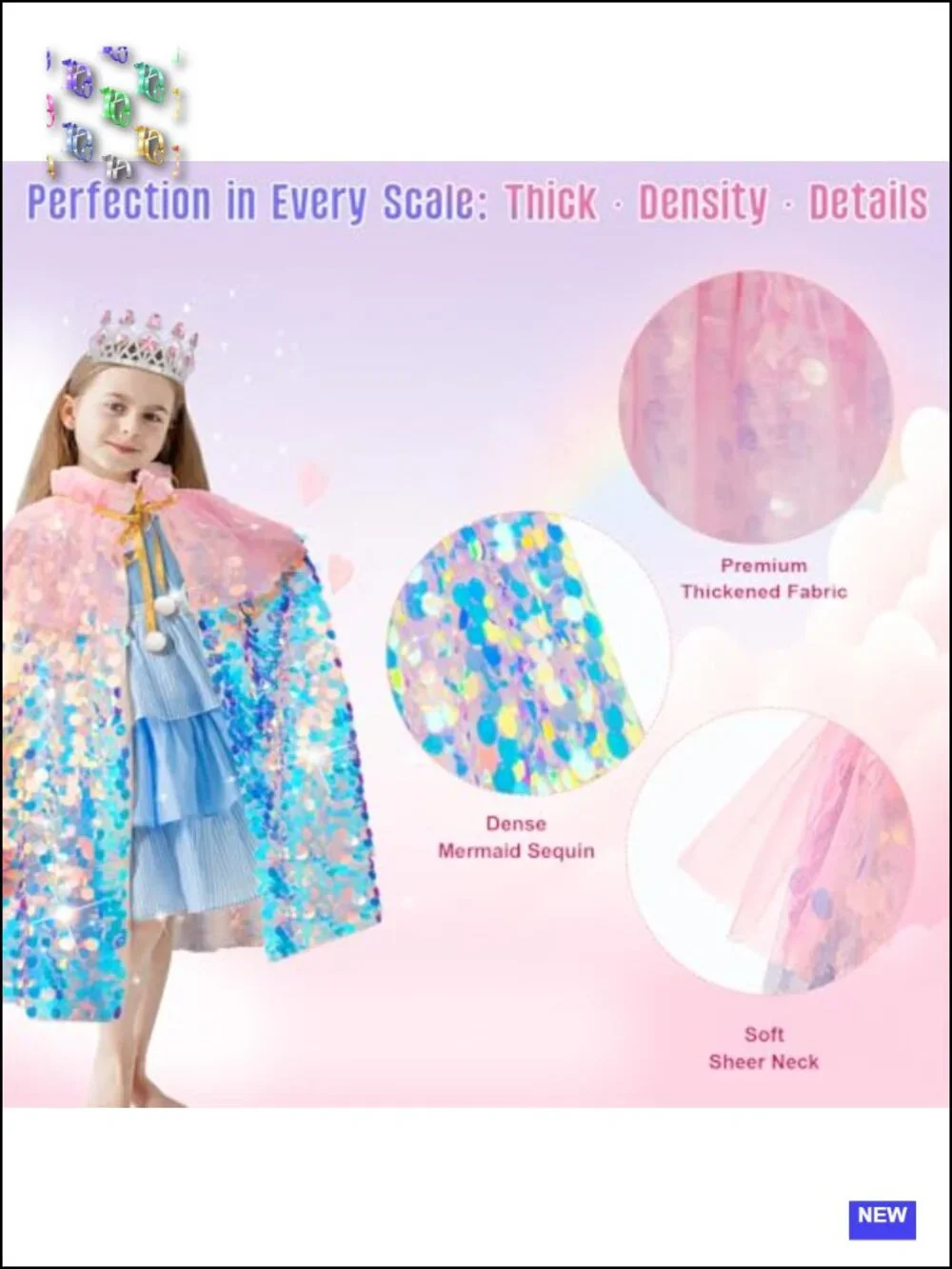 Mermaid Cape Dress Up Costume for Girls Ages 3-8 with Accessories, Halloween,